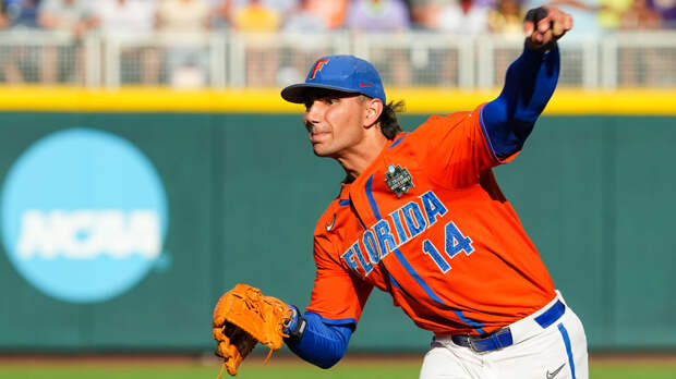 Jac Caglione throws a pitch at the College World Series.