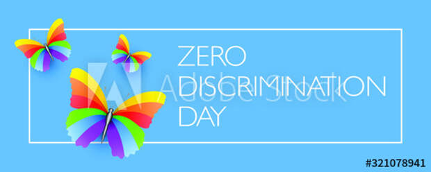 Zero Discrimination Day vector design with rainbow butterflies on blue background 