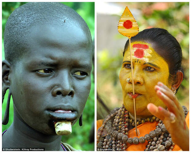 Слева - африканка с растянутыми ушными мочками и жестким пирсингом нижней губы. Справа - самопровозглашенная "женщина-бог" с языком, проткнутым маленьким деревянным копьем, на фестивале Пурам (Керала, Индия) модификации, модификация тела, народы мира, традиции мира