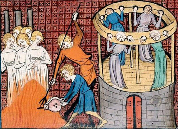 Средневековая миниатюра, изображающая пытки и казни ведьм.