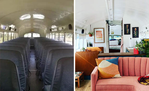 Фотография интерьера школьного автобуса, сделанная до и после (Adelita). | Фото: bigpicture.ru.