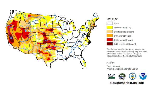 Map showing drought conditions across the continental U.S.