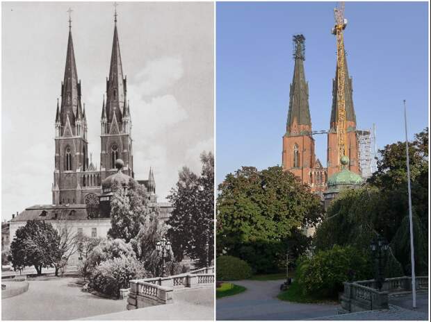 Готический кафедральный собор в городе Uppsala глазами немецкого фотографа Курта Хильшера и голландца Каспера Моленаара (1931 и 2020 гг., Швеция). 