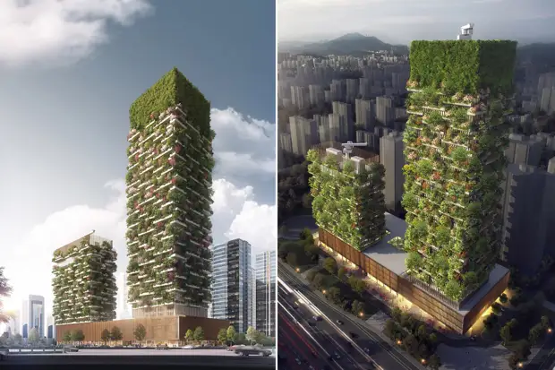 Строительство комплекса из двух небоскребов Vertical Forest в Нанкине планируют закончить уже к концу этого года (Китай). | Фото: thenanjinger.com.