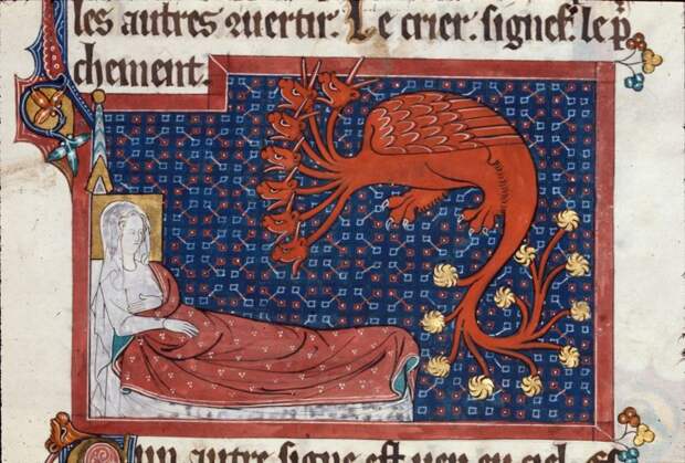 Detail-of-a-miniature-of-the-woman-in-labour-lying-in-a-bed-and-a-red-dragon-with-seven-heads-and-ten-horns-in-illustration-of-Revelation-12-2-4.--76…