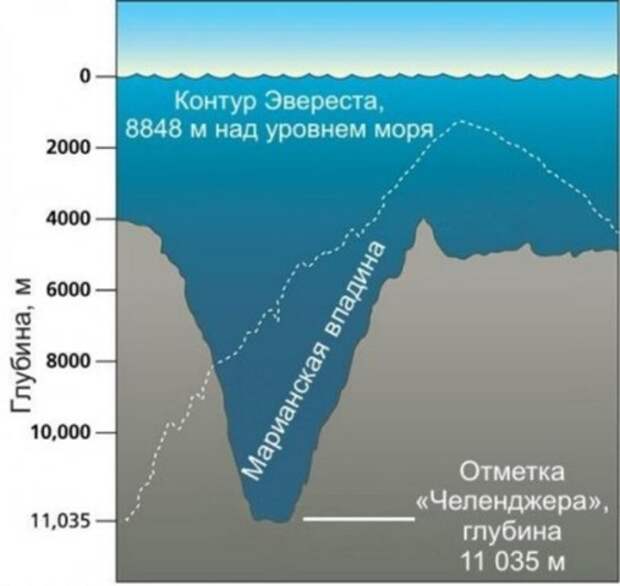 Самая низкая точка Земли Марианская впадина, ее глубина составляет 11 км.