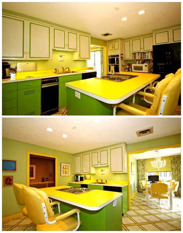 В кухне создана яркая весенняя атмосфера благодаря цветовой гамме (ретро-дом в Фрамингеме, США). | Фото: travelandleisure.com.