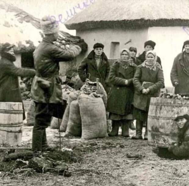 Продотрядовцы забирают излишки зерна у кулаков, 1918 г .