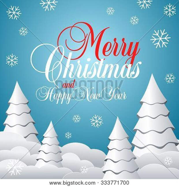 Merry Christmas and Happy New Year square social network post or banner template. Vector white christmas trees, snowflakes and snow on blue background