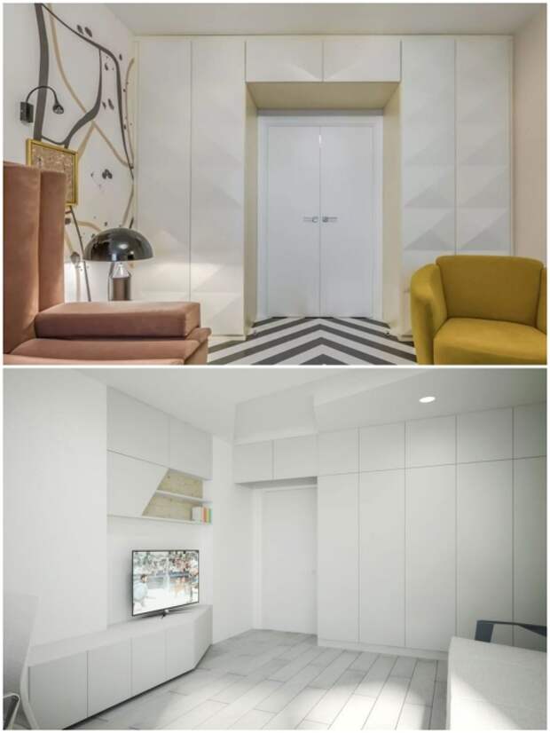 Шкафы вокруг дверного проема лучше выбирать в одном тоне с цветом стен или сделать на них ненавязчивый акцент. | Фото: bezkovrov.com/ pinterest.pt.