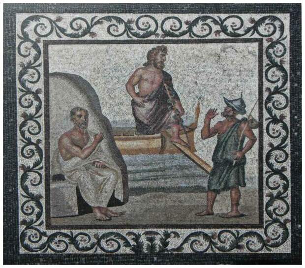 Асклепий (в центре) прибывает на Кос, его встречают Гиппократ (слева) и местный житель (справа), мозаика, II-III век нашей эры. \ Фото: radiofmplus.org.