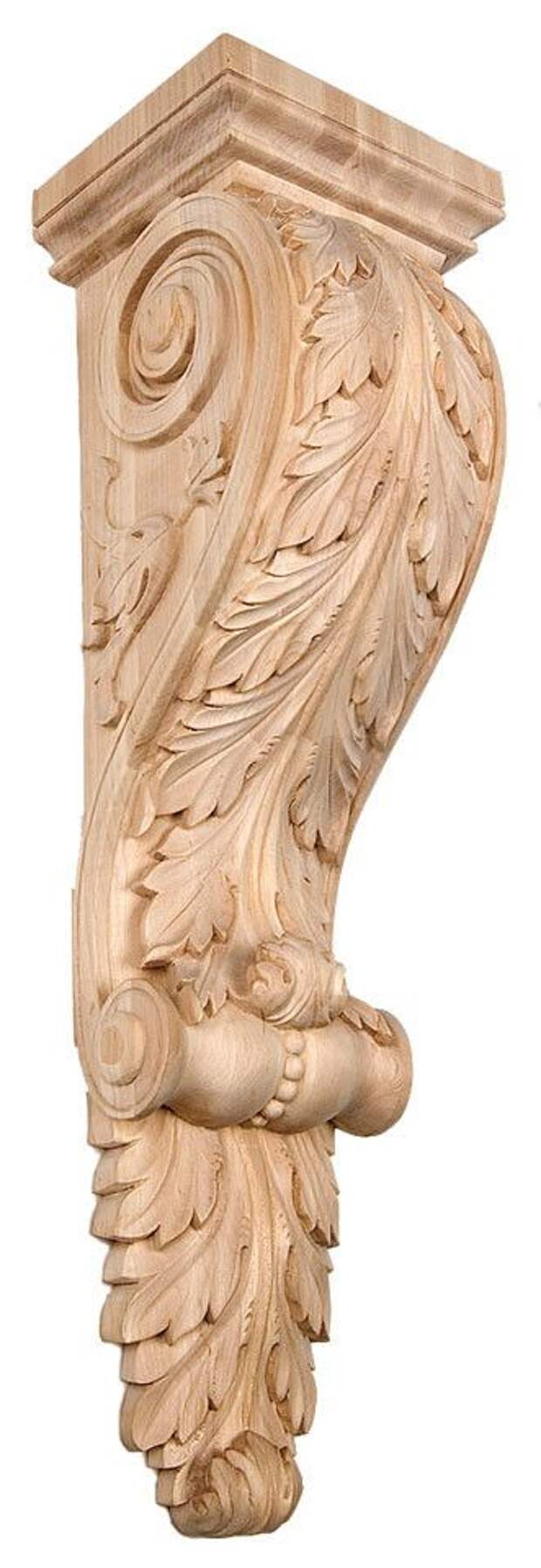 Corbel with Acanthus Leaf / Medium / 12"H X 3-5/8"W X 3-1/4"D - modern corbels, contemporary corbels, wood carved animals, embossed wood carvings, kitchen island corbels | Corbel Place
