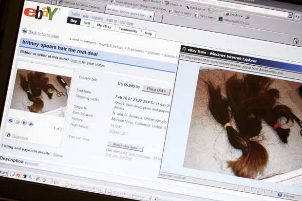 Страница Ebay с выставленными на продажу волосами Бритни Спирс