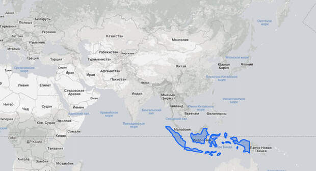 Индонезия на карте мира в проекции Меркатора (рисунок maps.google.com)