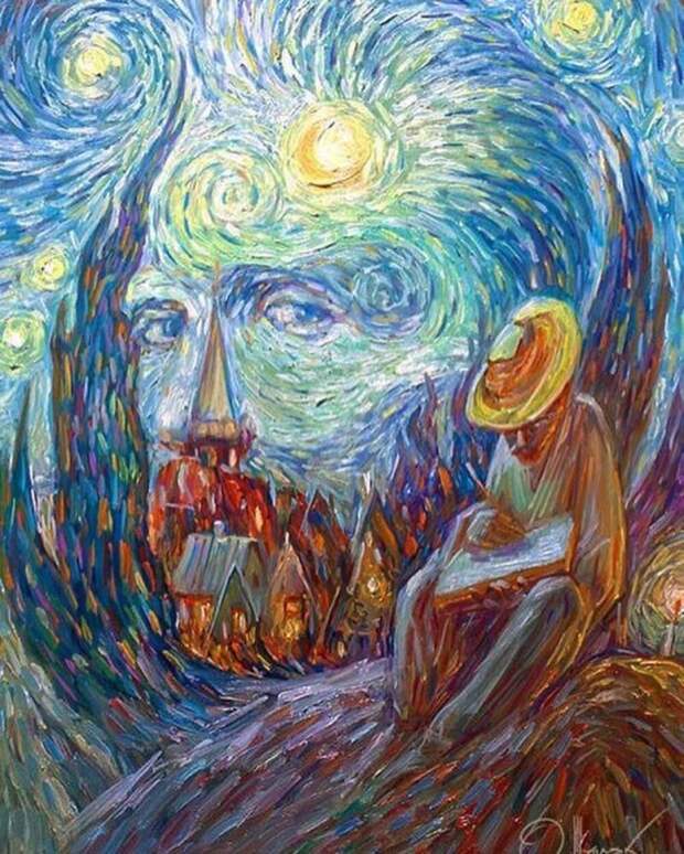 Винсент ван Гог «Звёздная ночь»    Олег Шупляк, картина, оптическая иллюзия, рисунок, фото, художник