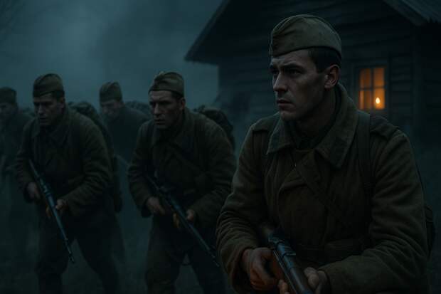 Фронт, ночь 1943 года. Советские солдаты идут в атаку сквозь туман и дым. В их глазах решимость, но в каждом лице читается мысль о доме.