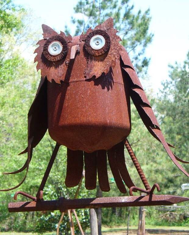 Owl. His body is a former propane tank and the eyes are the wire brush wheels off of a bench grinder.