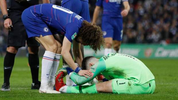 Chelsea goalkeeper Kepa went down with what appeared to be cramp during extra-time in the 2019 Carabao Cup final against Manchester City