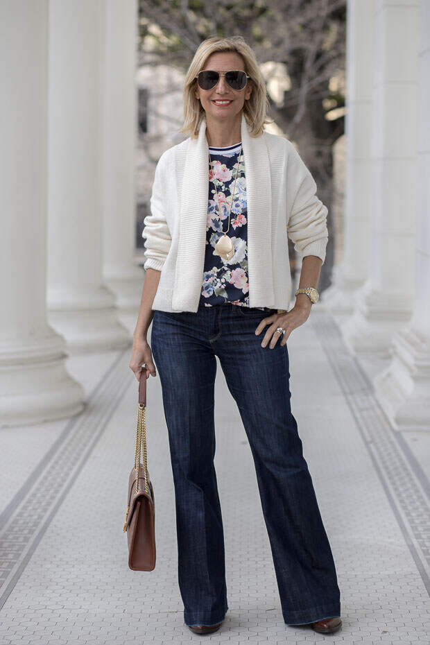 mixing ivory and navy with some bold color and patterns for todays fashion style feature outfit