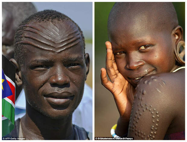Слева - африканец (район Абьей, Судан) со шрамированием на лбу. Справа - эфиопская девушка (Южный Омо) со шрамированием на плече модификации, модификация тела, народы мира, традиции мира