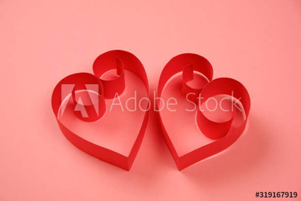 Couple of red paper hearts on pink background. Good love, valentines day, womens day banner, offer, card, invitation, flyer, poster template.