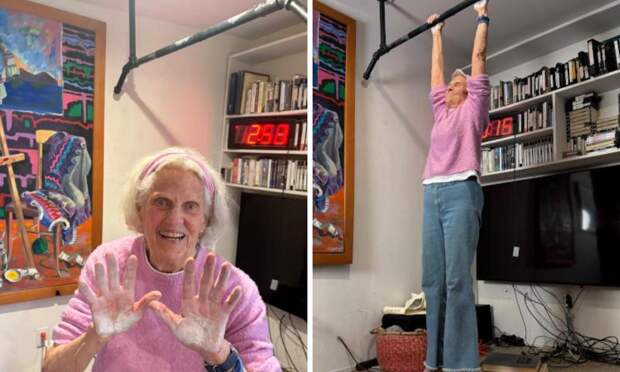 В 90 лет эта женщина висит на турнике по 3 минуты. А вы так сможете?