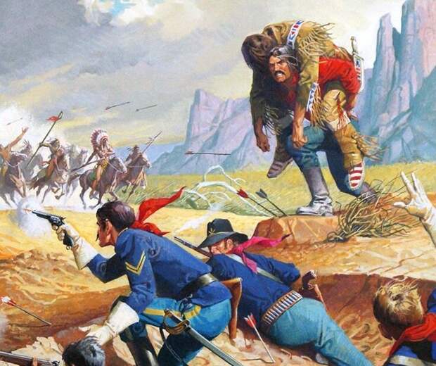 Американцы отстреливаются, укрывшись в бизоньей яме, сентябрь 1874-го. Иллюстратор: Severino Baraldi