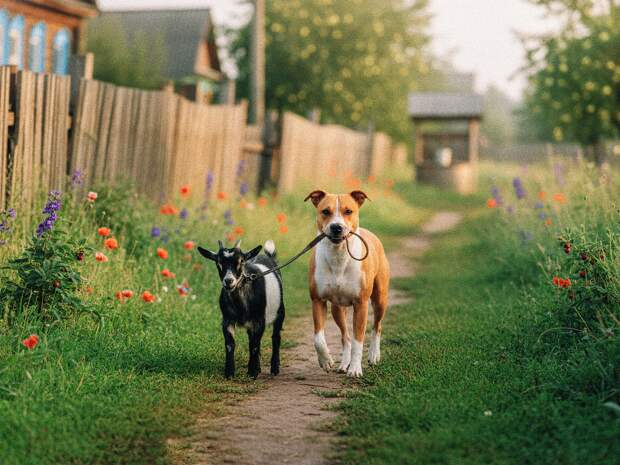 Необычная дружба в деревне: как девочки, собака и коза стали одной командой