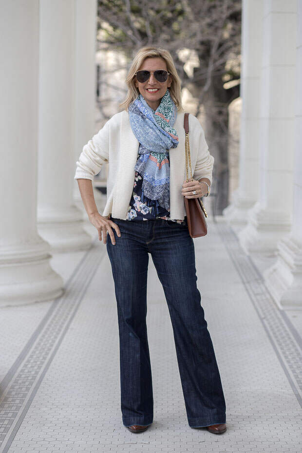 mixing ivory and navy with some bold color and patterns for todays fashion style feature outfit