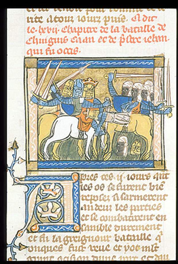 Royal 19 D I f. 77v Битва Чингисхана с Иоанном Пресвитером Royal 19 D I f. 77v Битва Чингисхана с Иоанном Пресвитером