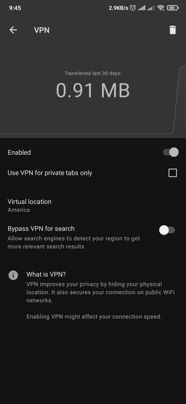 Opera browser's VPN service settings