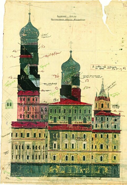 Эскиз Б. Иофана – главного вдохновителя маскировки (восточный фасад колокольни Ивана Великого). | Фото: orthodoxmoscow.ru. Эскиз Б. Иофана – главного вдохновителя маскировки (восточный фасад колокольни Ивана Великого). | Фото: orthodoxmoscow.ru.