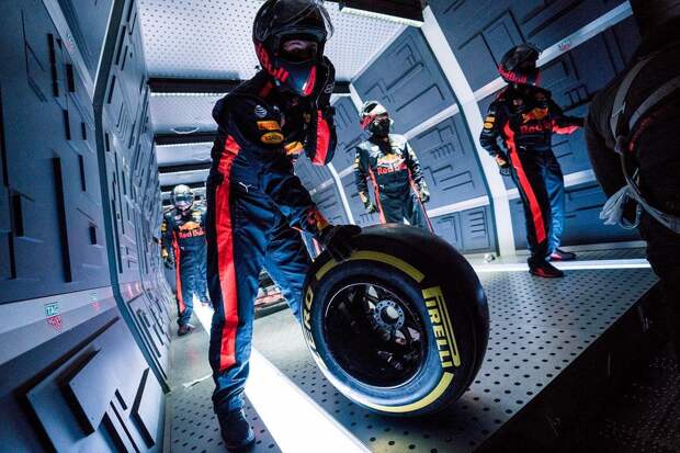Hold on, or it (and you) will fly away A mechanic holding a wheel during Aston Martin Red Bull Racing’s Zero-G pitstop aboard an aircraft in Russia.