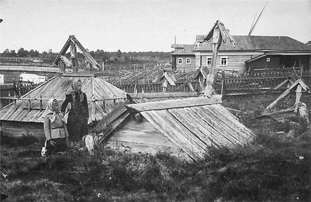 Архивное фото Старообрядческое кладбище с деревянными крышками для надгробий, берег Белого моря, 1917 г.