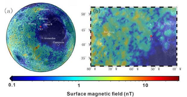 Рис. 4. Фрагмент карты напряженности магнитного поля Луны в районе места посадки «Чанъэ-5»