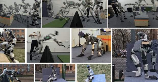 Человекоподобный робот Unitree G1 совершает акробатический прыжок через барьер