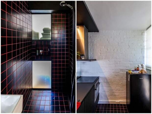 Для отделки кухни и ванной архитектор использовал черную керамическую плитку. | Фото: youtube.com.