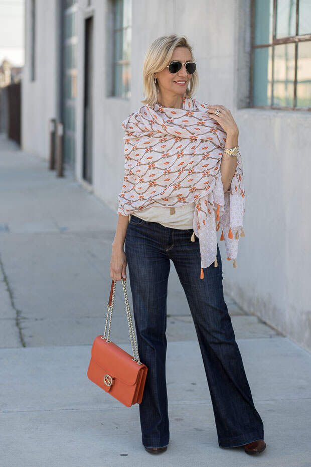 womens oatmeal round neck short sleeve top and multi color scarf