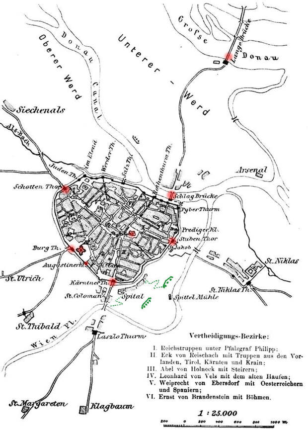 Вена и ближайшие окрестности в дни осады 1529 года. Красным помечены некоторые горячие точки осады, зелёным — главные батареи и осадные ходы османов. Нуссдорф примерно в 5 км к северу. Исходная схема: Kupelwieser, S. 41 - Пушки и турки: христианский мир даёт отпор | Военно-исторический портал Warspot.ru
