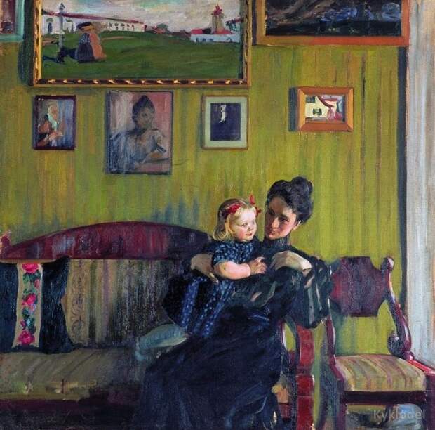 Портрет Ю.Е. Кустодиевой с дочерью Ириной. 1908 год. Автор: Борис Кустодиев.