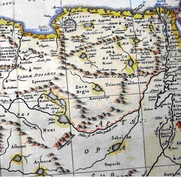 Рис. 1. Нубийский приток Нила (Nuba fl. указан красным пунктиром) на карте 1658 г. из коллекции автора (Janssonius J. Africae Antiquae…// Nouvel Atlas, Amsterdam 1658).