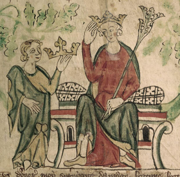 Эдуард II принимает английскую корону. Миниатюра из «Хроник Англии» (1307—1327 годы). Британская библиотека