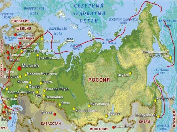 Интересные факты о России, Карта России, карта российских морей