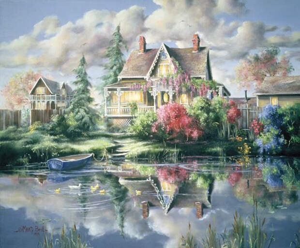 Уютный маленький дом, деревья и озеро... Автор: Marty Bell.