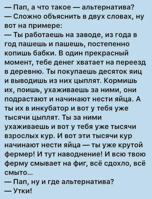 Что такое альтернатива. Альтернатива утки анекдот. Анекдот про альтернативу. Папа что такое альтернатива анекдот. Анекдот про альтернативу с утками.