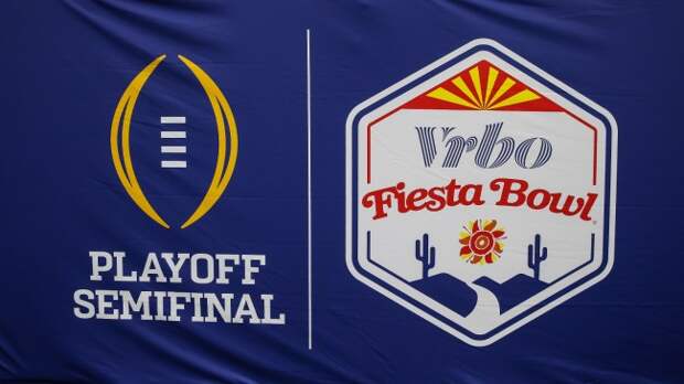 A College Football Playoff logo at the Fiesta Bowl.