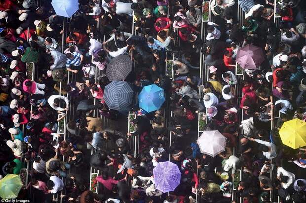 Посетители прячутся под зонтиками на Всемирной выставке "Экспо 2010 Шанхай Китай". Выставку посетили свыше 73 млн человек.  китай, люди, население