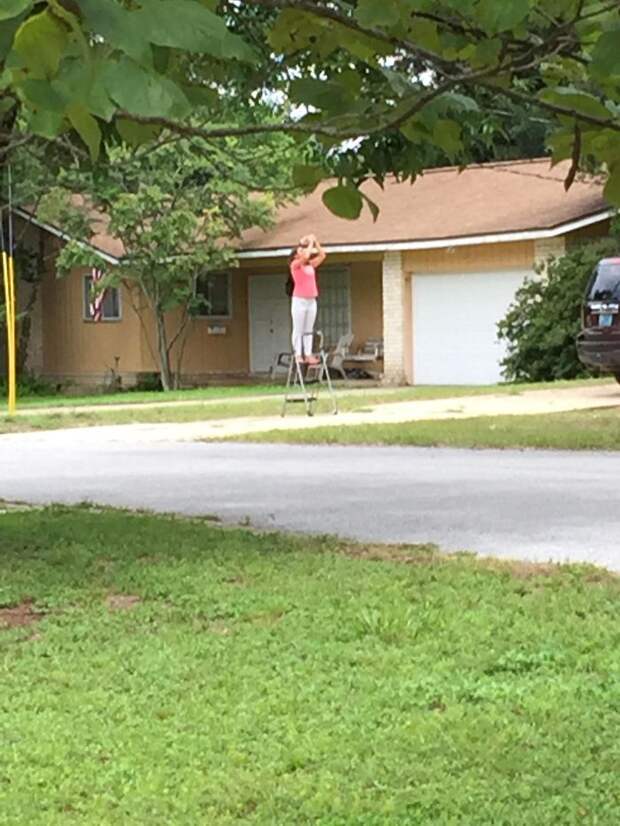 Saw This Woman Getting A Better View Of The Eclipse