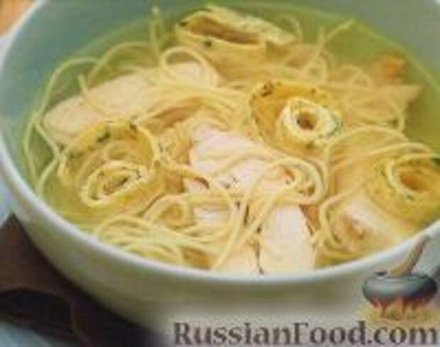 Фото к рецепту: Куриный суп с омлетом и спагетти