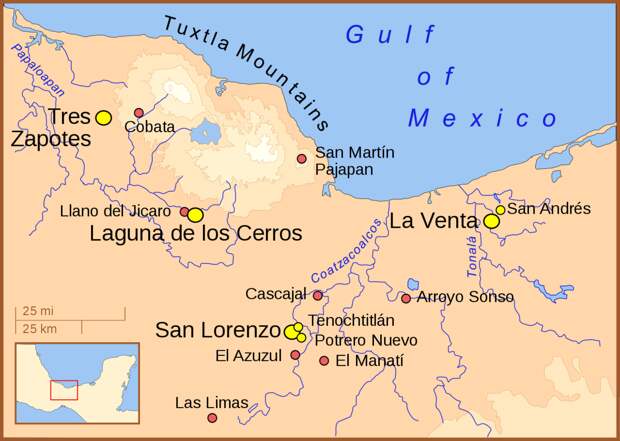 Цивилизация ольмеков - главные города трех рек цветом. (Wikimedia Commons) 
